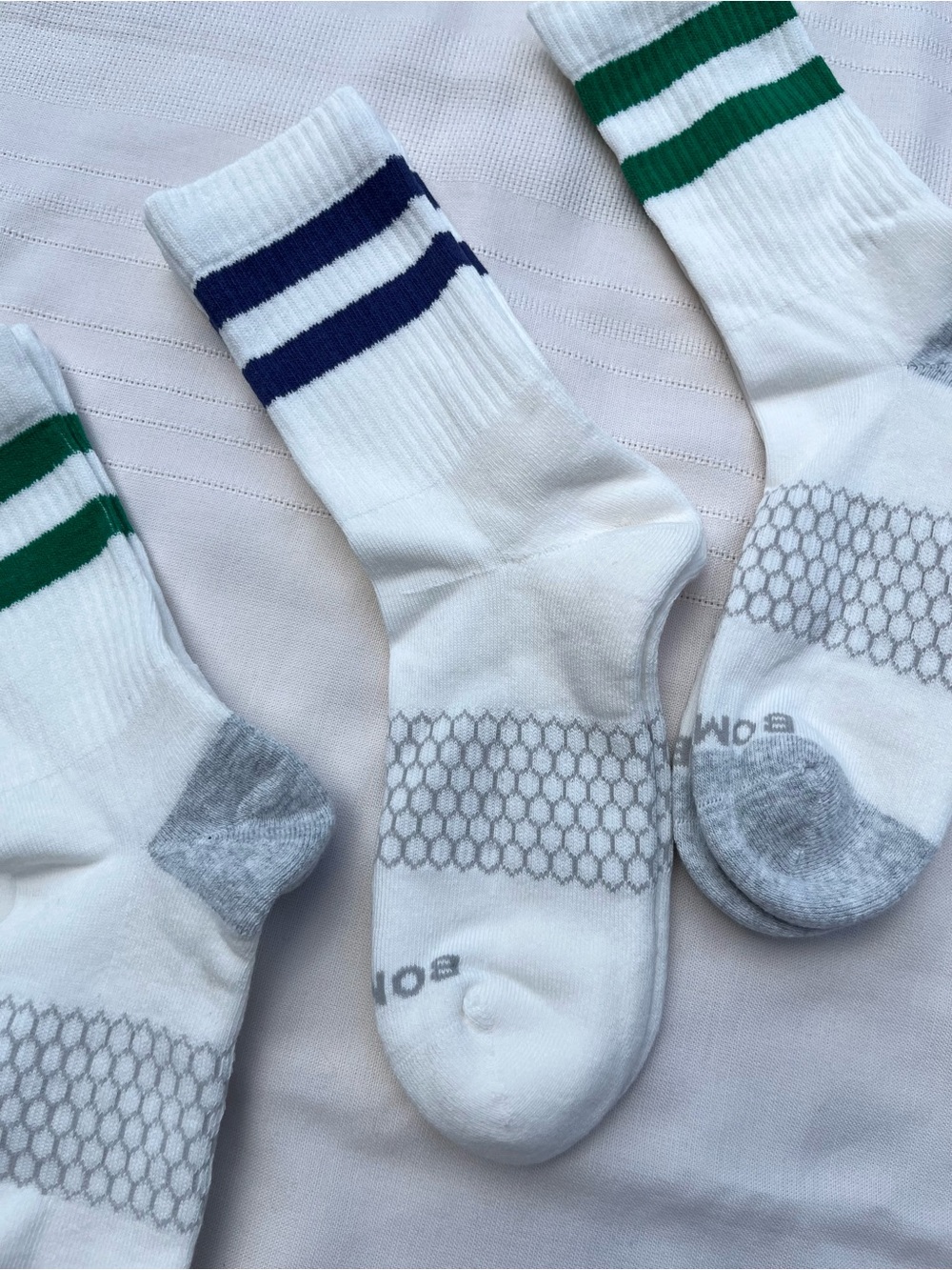 Bombas White Athletic Crew Socks with Green and Navy Stripes - Picture 3 of 14